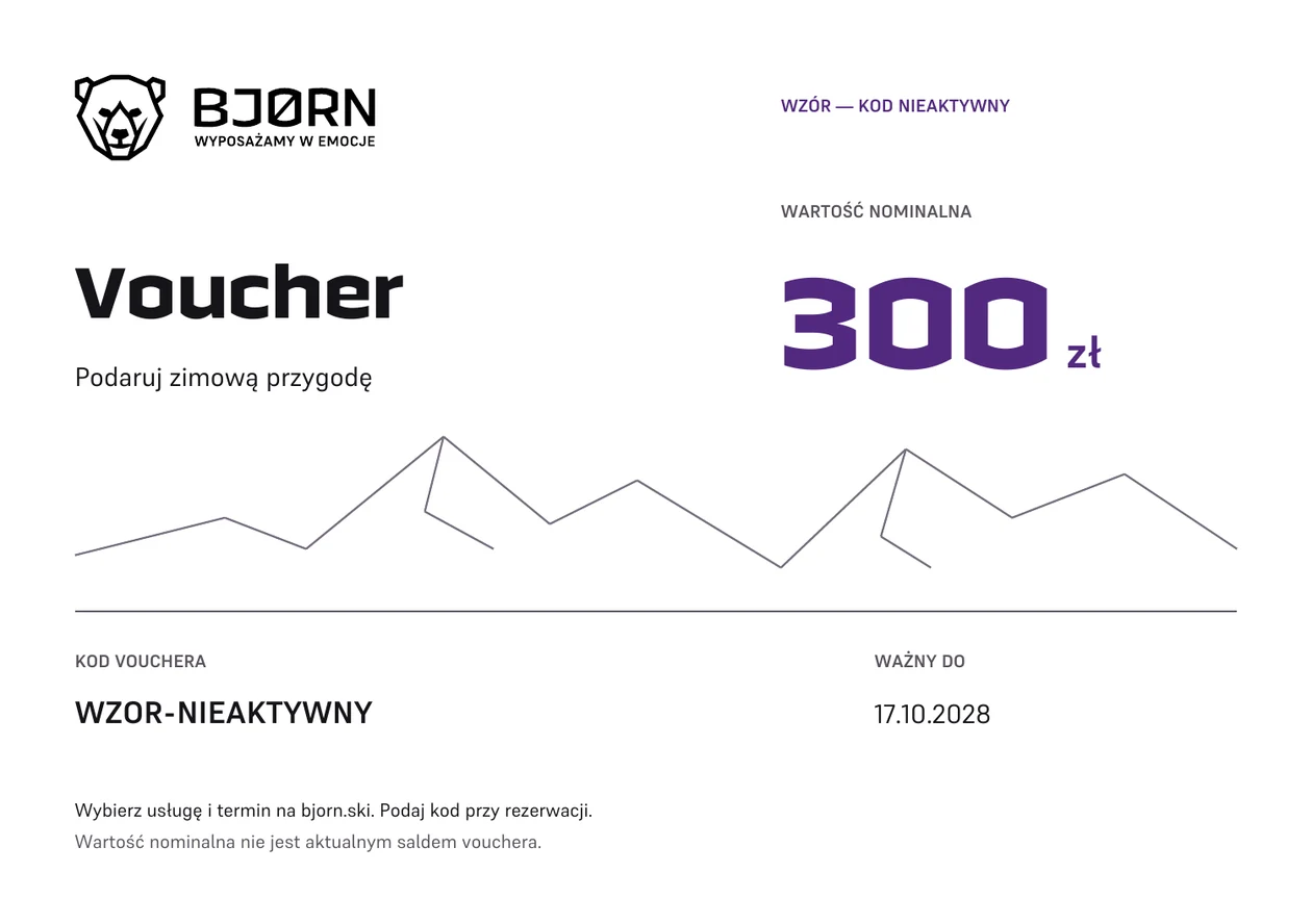 Wzór vouchera BJØRN 300 zł — poziomy format A5 z logo i liniową granią górską. WZÓR — KOD NIEAKTYWNY.